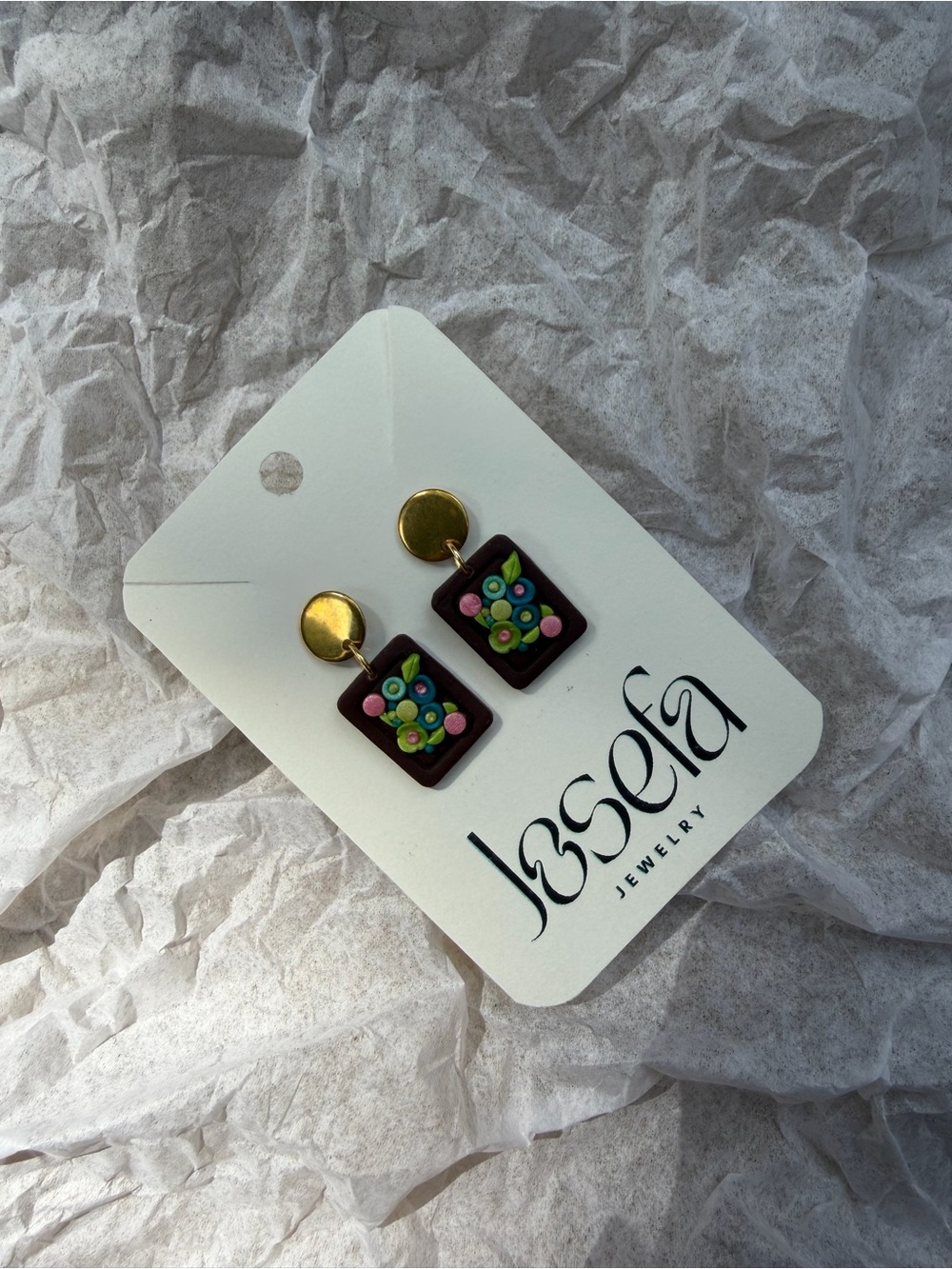 Jesefa Gold & Black Floral Drop Earrings with Pink and Green Accents